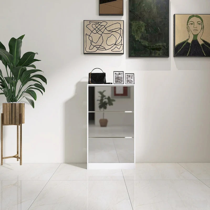 Wood Slim Shoe Storage Cabinet with Mirror