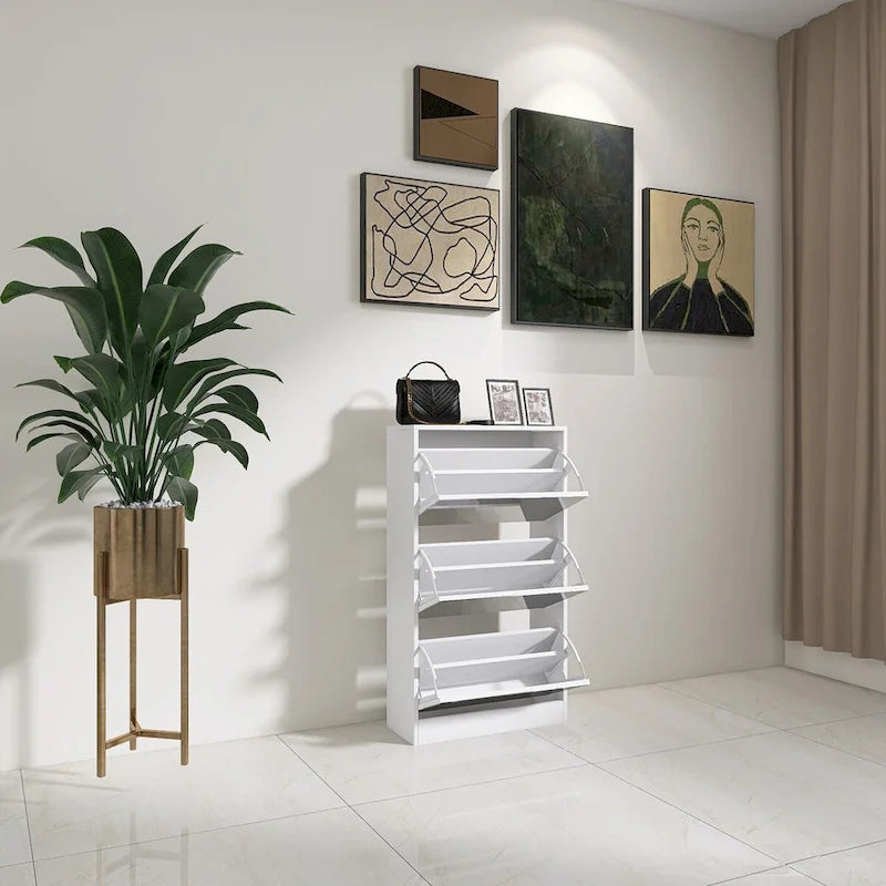 Wood Slim Shoe Storage Cabinet with Mirror