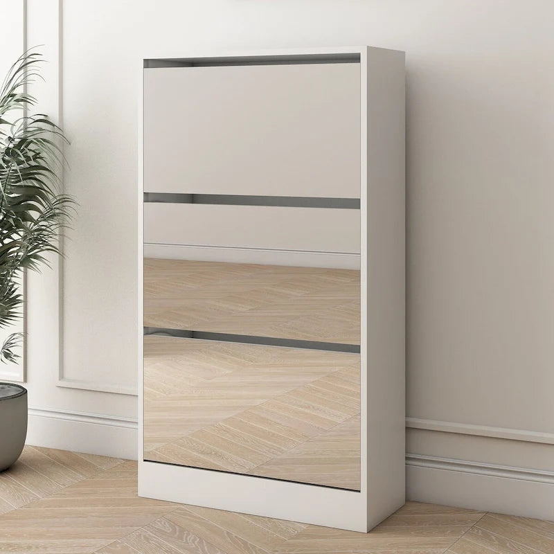 Wood Slim Shoe Storage Cabinet with Mirror