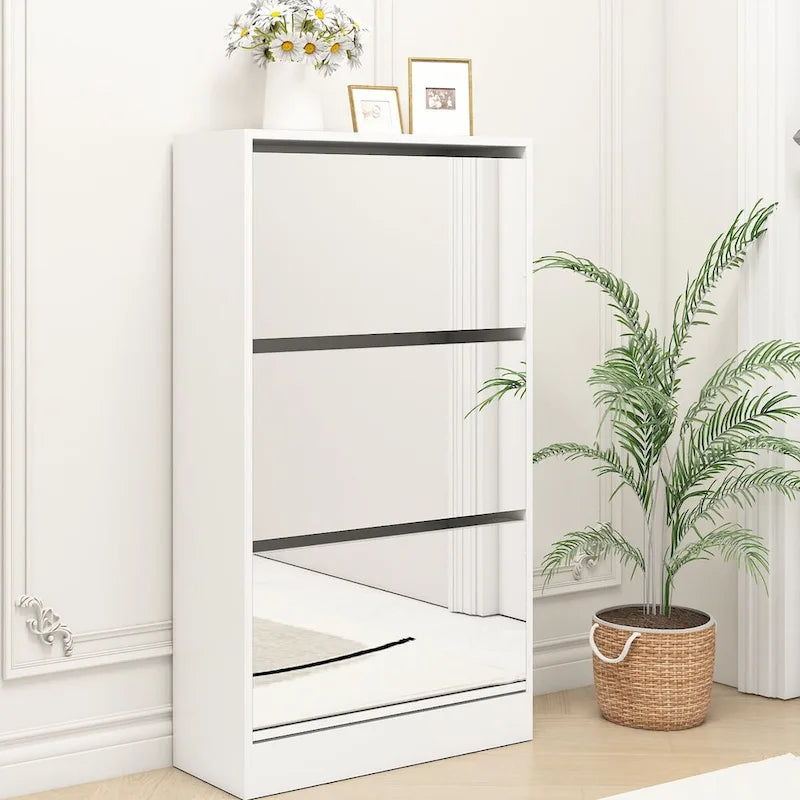 Wood Slim Shoe Storage Cabinet with Mirror