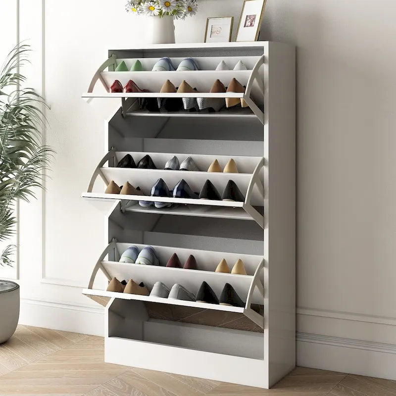 Wood Slim Shoe Storage Cabinet with Mirror