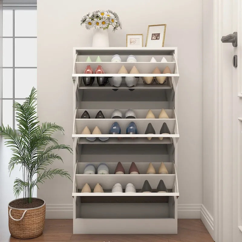 Wood Slim Shoe Storage Cabinet with Mirror