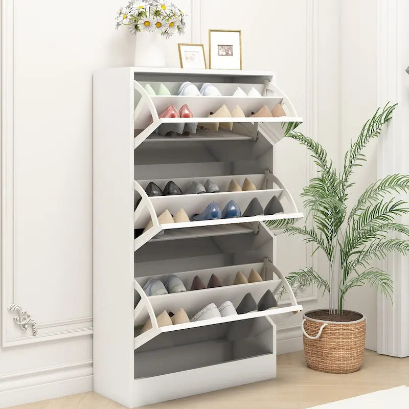 Wood Slim Shoe Storage Cabinet with Mirror