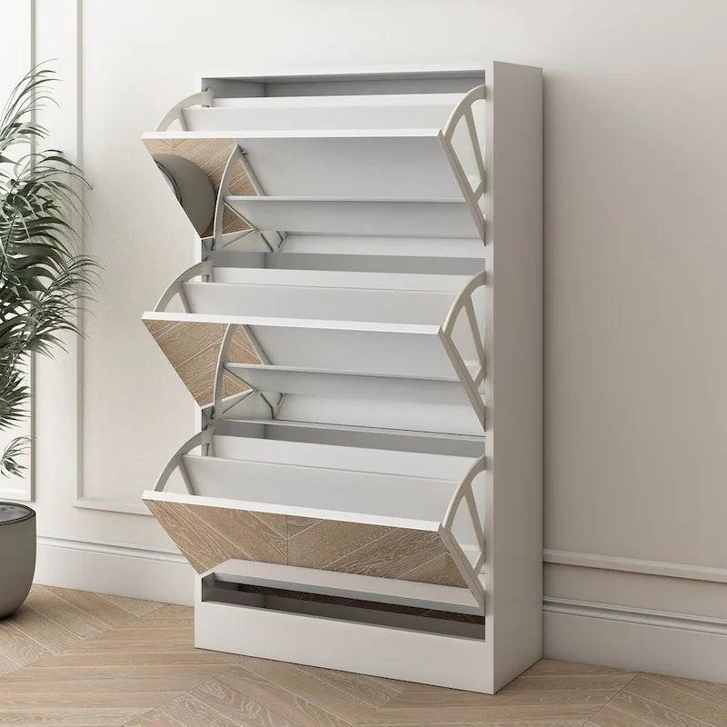 Wood Slim Shoe Storage Cabinet with Mirror