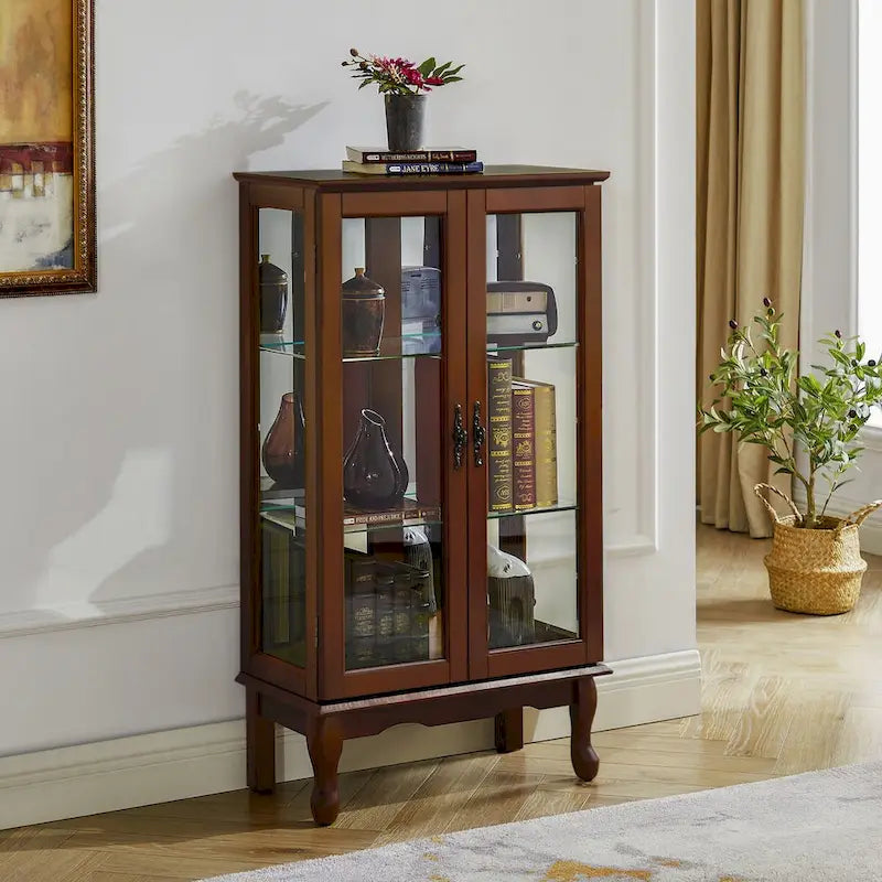 Curio Cabinet Lighted Curio Diapaly Cabinet with Adjustable Shelves and Mirrored Back Panel, Tempered Glass Doors