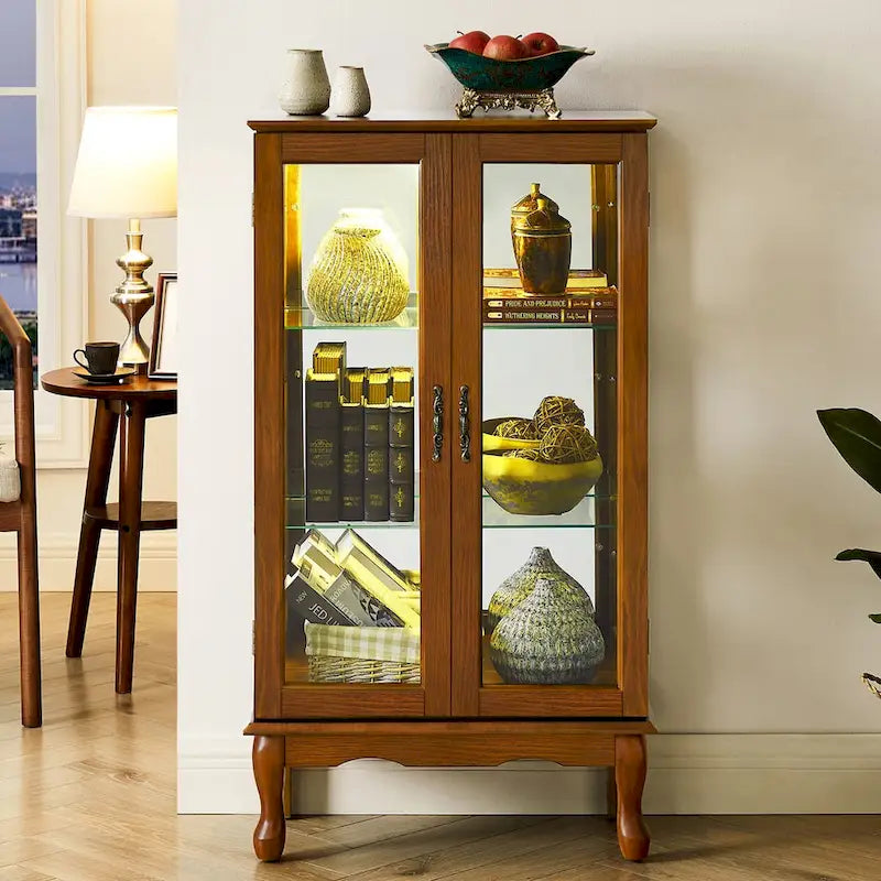 Curio Cabinet Lighted Curio Diapaly Cabinet with Adjustable Shelves and Mirrored Back Panel, Tempered Glass Doors