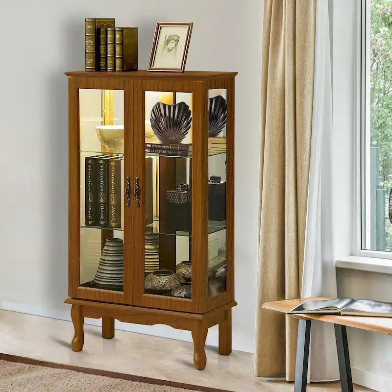 Curio Cabinet Lighted Curio Diapaly Cabinet with Adjustable Shelves and Mirrored Back Panel, Tempered Glass Doors