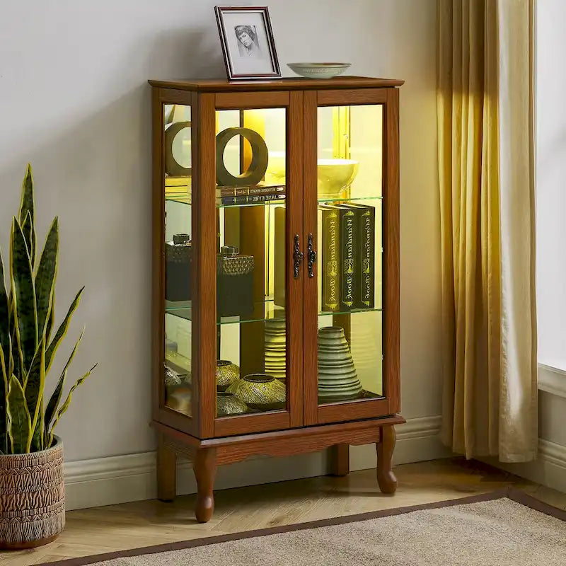 Curio Cabinet Lighted Curio Diapaly Cabinet with Adjustable Shelves and Mirrored Back Panel, Tempered Glass Doors
