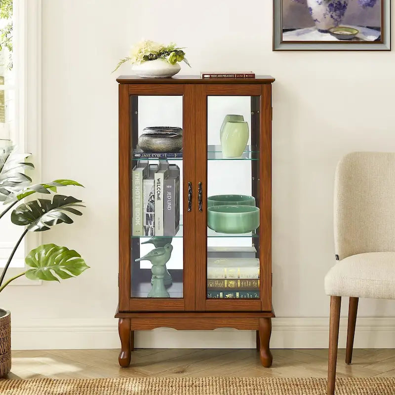 Curio Cabinet Lighted Curio Diapaly Cabinet with Adjustable Shelves and Mirrored Back Panel, Tempered Glass Doors