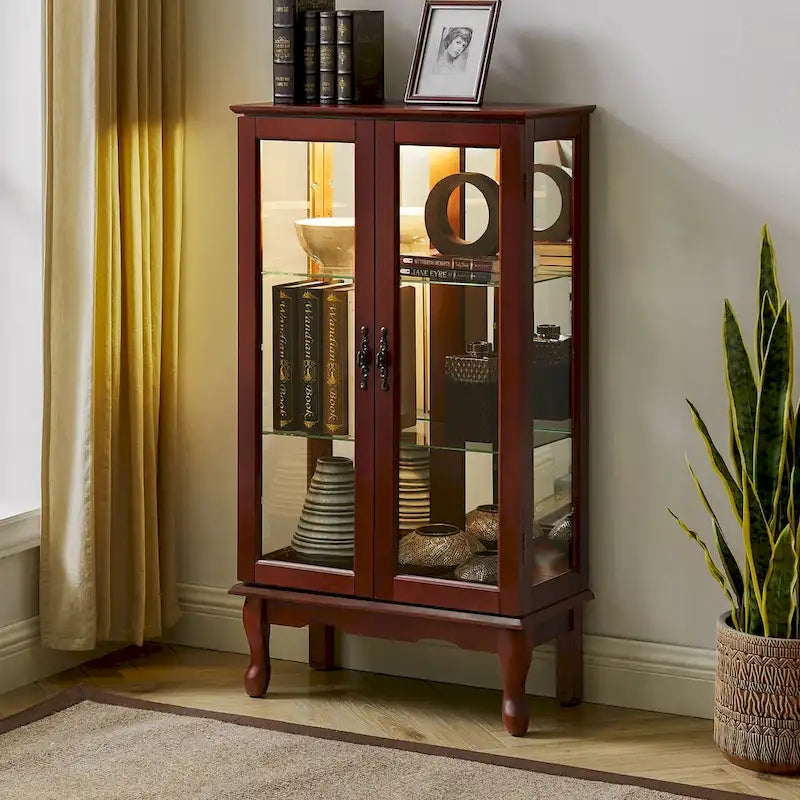 Curio Cabinet Lighted Curio Diapaly Cabinet with Adjustable Shelves and Mirrored Back Panel, Tempered Glass Doors