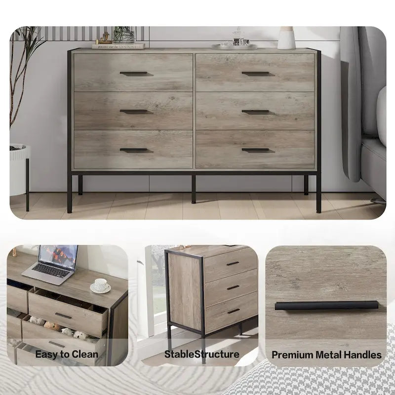 Wood Dresser with 6 Drawers, Wooden Storage Closet for Bedroom, Solid Clothes Cabinet with Sturdy Steel Frame