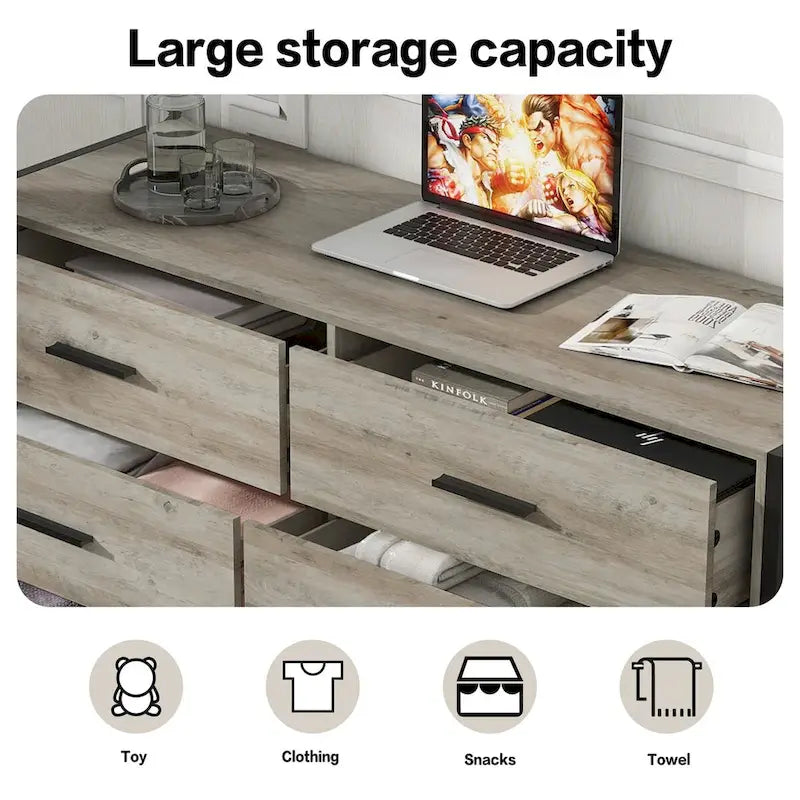 Wood Dresser with 6 Drawers, Wooden Storage Closet for Bedroom, Solid Clothes Cabinet with Sturdy Steel Frame