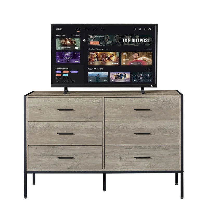 Wood Dresser with 6 Drawers, Wooden Storage Closet for Bedroom, Solid Clothes Cabinet with Sturdy Steel Frame