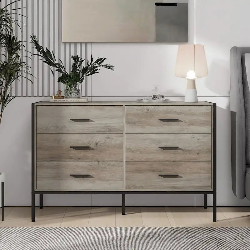 Wood Dresser with 6 Drawers, Wooden Storage Closet for Bedroom, Solid Clothes Cabinet with Sturdy Steel Frame
