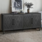 Carved Flower Door Large Storage Cabinet With Metal Handle Suitable For Living Room, Kitchen, Entryway
