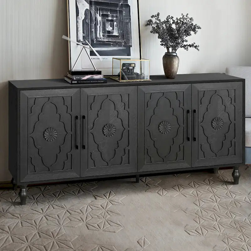 Carved Flower Door Large Storage Cabinet With Metal Handle Suitable For Living Room, Kitchen, Entryway