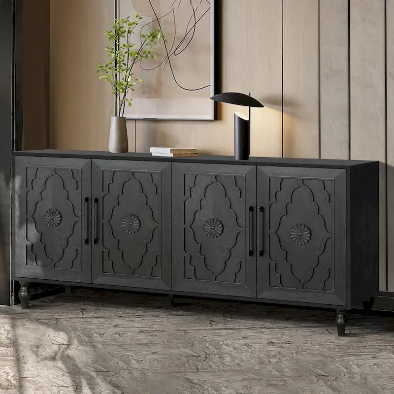 Carved Flower Door Large Storage Cabinet With Metal Handle Suitable For Living Room, Kitchen, Entryway