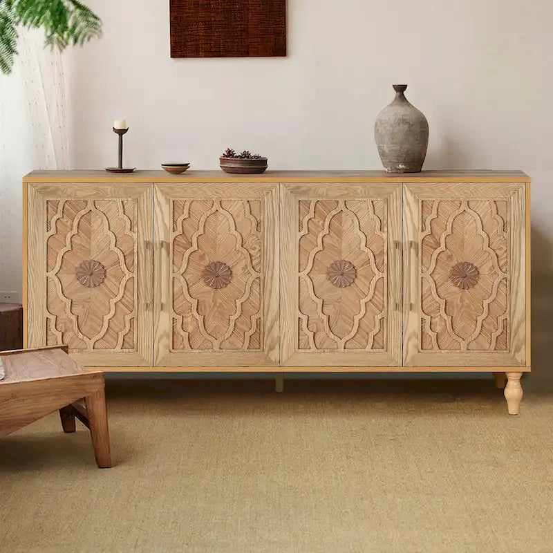 Carved Flower Door Large Storage Cabinet With Metal Handle Suitable For Living Room, Kitchen, Entryway