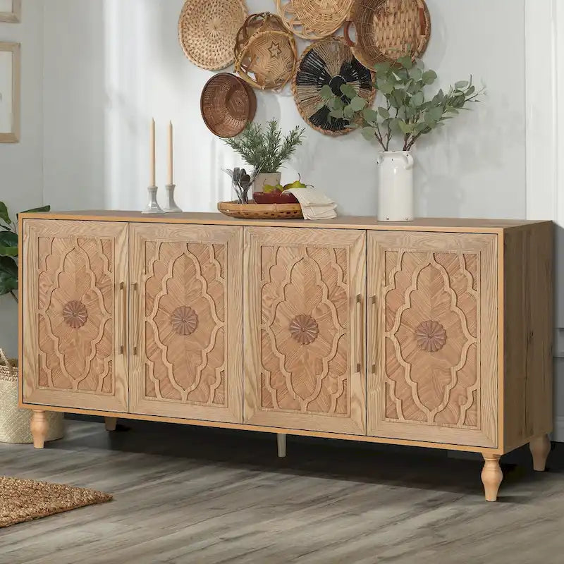 Carved Flower Door Large Storage Cabinet With Metal Handle Suitable For Living Room, Kitchen, Entryway
