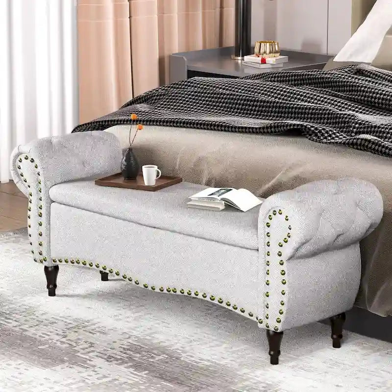 53  Tufted Storage Ottoman Bench with Rolled Arms and Nailhead Trim for Bedroom, Living Room, Entryway
