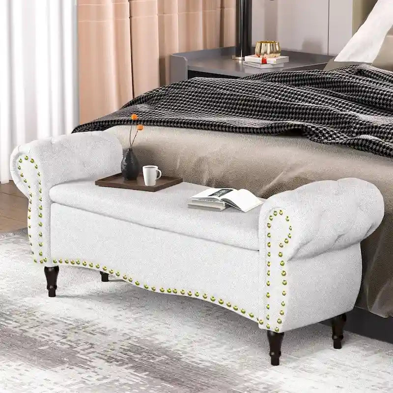 53  Tufted Storage Ottoman Bench with Rolled Arms and Nailhead Trim for Bedroom, Living Room, Entryway