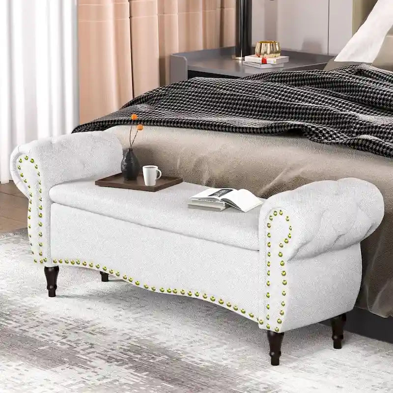 53  Tufted Storage Ottoman Bench with Rolled Arms and Nailhead Trim for Bedroom, Living Room, Entryway