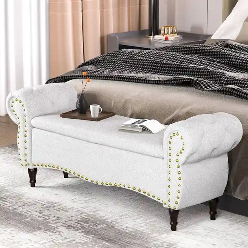 53  Tufted Storage Ottoman Bench with Rolled Arms and Nailhead Trim for Bedroom, Living Room, Entryway