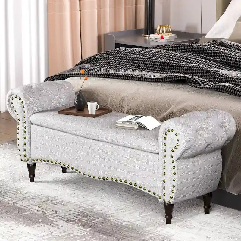 53  Tufted Storage Ottoman Bench with Rolled Arms and Nailhead Trim for Bedroom, Living Room, Entryway