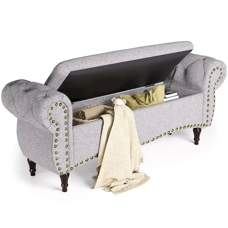 53  Tufted Storage Ottoman Bench with Rolled Arms and Nailhead Trim for Bedroom, Living Room, Entryway