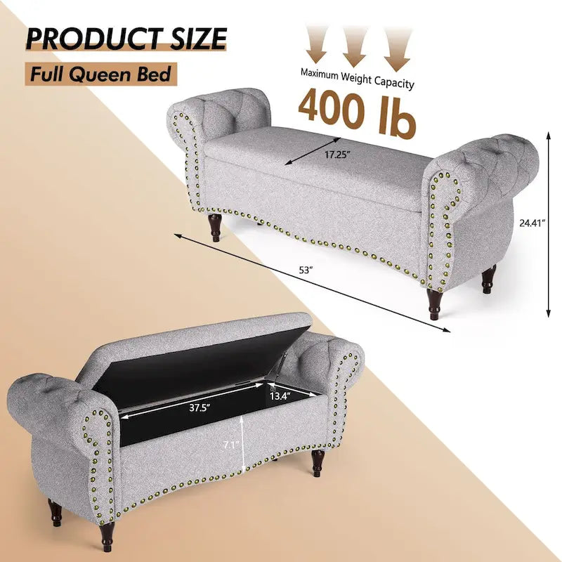 53  Tufted Storage Ottoman Bench with Rolled Arms and Nailhead Trim for Bedroom, Living Room, Entryway