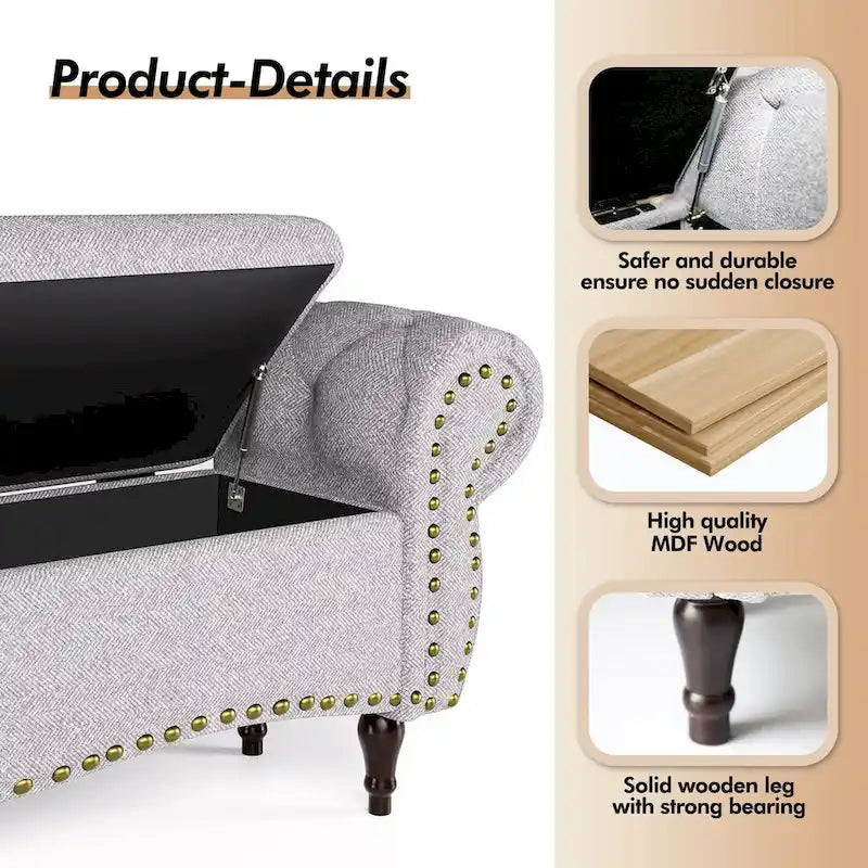 53  Tufted Storage Ottoman Bench with Rolled Arms and Nailhead Trim for Bedroom, Living Room, Entryway