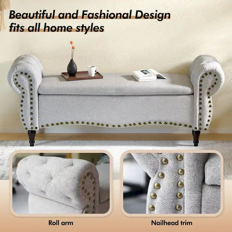 53  Tufted Storage Ottoman Bench with Rolled Arms and Nailhead Trim for Bedroom, Living Room, Entryway
