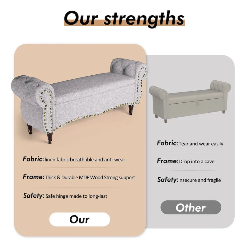 53  Tufted Storage Ottoman Bench with Rolled Arms and Nailhead Trim for Bedroom, Living Room, Entryway