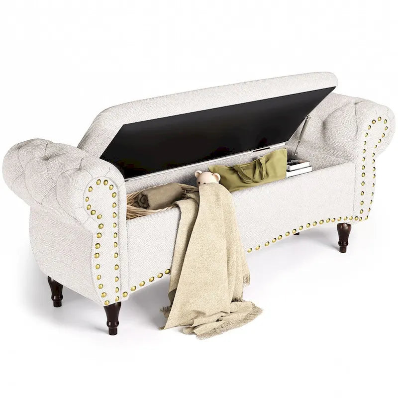 53  Tufted Storage Ottoman Bench with Rolled Arms and Nailhead Trim for Bedroom, Living Room, Entryway