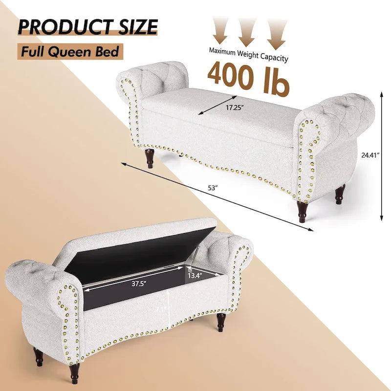 53  Tufted Storage Ottoman Bench with Rolled Arms and Nailhead Trim for Bedroom, Living Room, Entryway