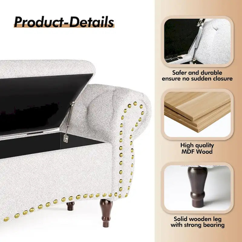 53  Tufted Storage Ottoman Bench with Rolled Arms and Nailhead Trim for Bedroom, Living Room, Entryway