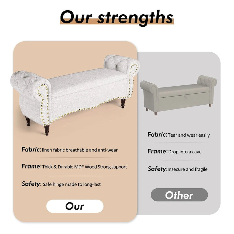 53  Tufted Storage Ottoman Bench with Rolled Arms and Nailhead Trim for Bedroom, Living Room, Entryway
