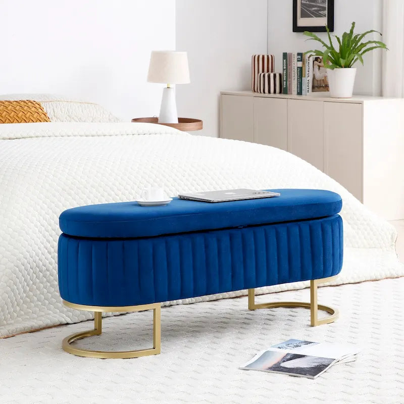 Storage Bench Bedroom Bench, Velvet Oval Upholstered End of Bed Bench with Golden Metal Legs,50  Storage Ottoman Bench