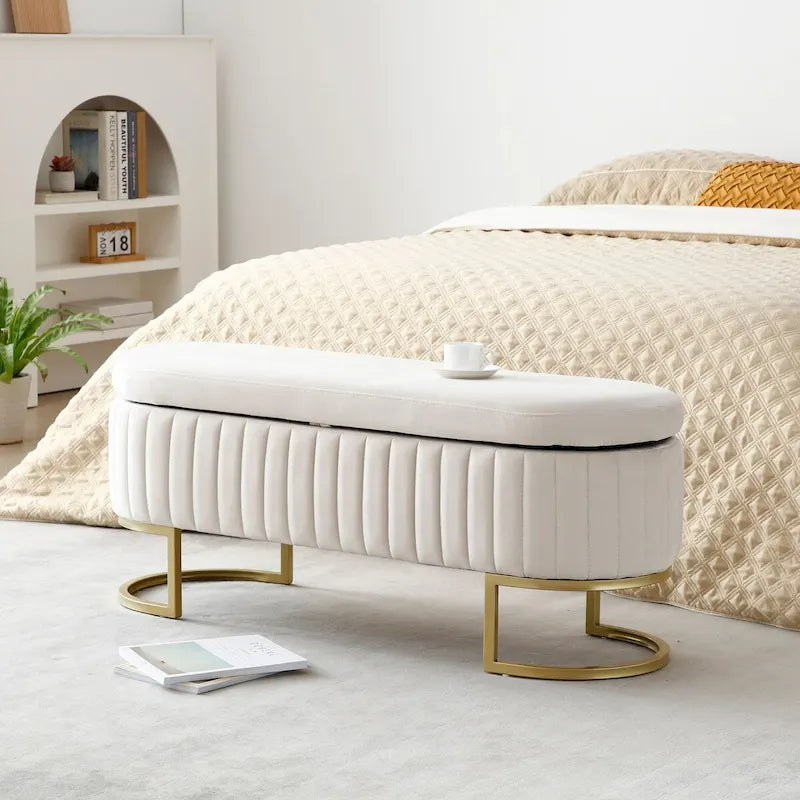 Storage Bench Bedroom Bench, Velvet Oval Upholstered End of Bed Bench with Golden Metal Legs,50  Storage Ottoman Bench