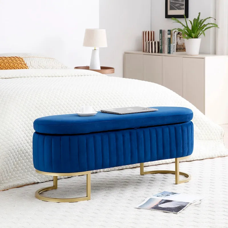 Storage Bench Bedroom Bench, Velvet Oval Upholstered End of Bed Bench with Golden Metal Legs,50  Storage Ottoman Bench