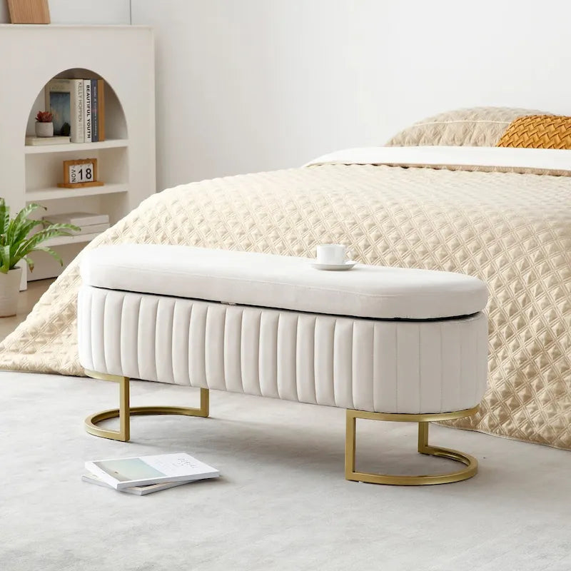 Storage Bench Bedroom Bench, Velvet Oval Upholstered End of Bed Bench with Golden Metal Legs,50  Storage Ottoman Bench