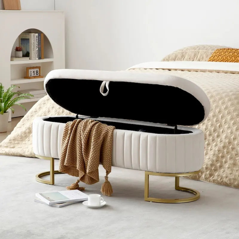 Storage Bench Bedroom Bench, Velvet Oval Upholstered End of Bed Bench with Golden Metal Legs,50  Storage Ottoman Bench