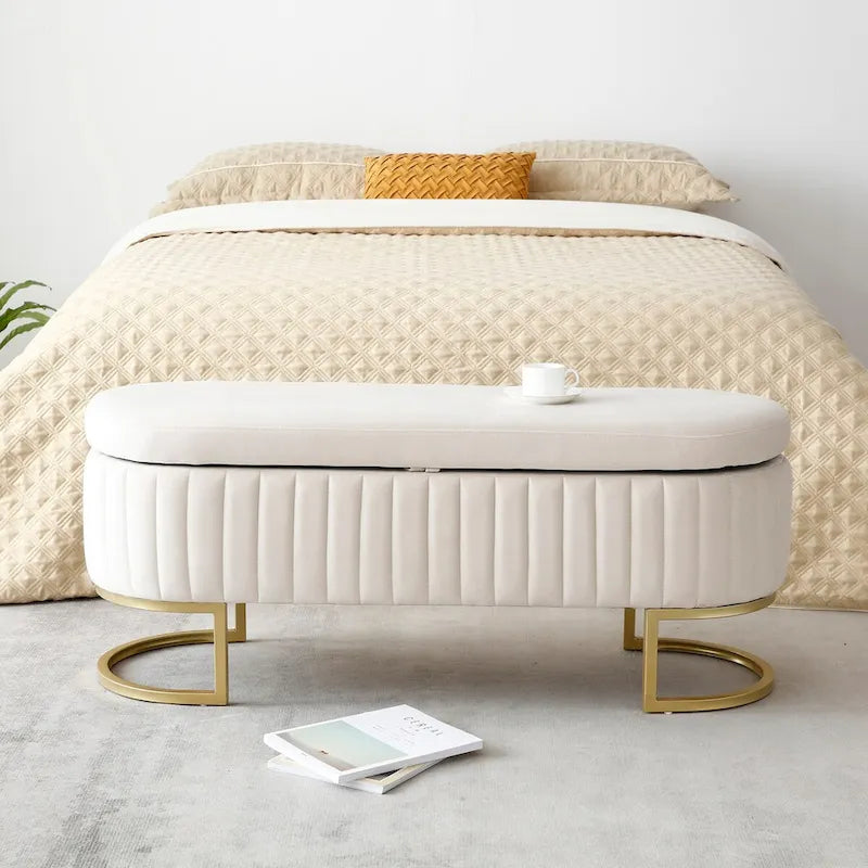 Storage Bench Bedroom Bench, Velvet Oval Upholstered End of Bed Bench with Golden Metal Legs,50  Storage Ottoman Bench