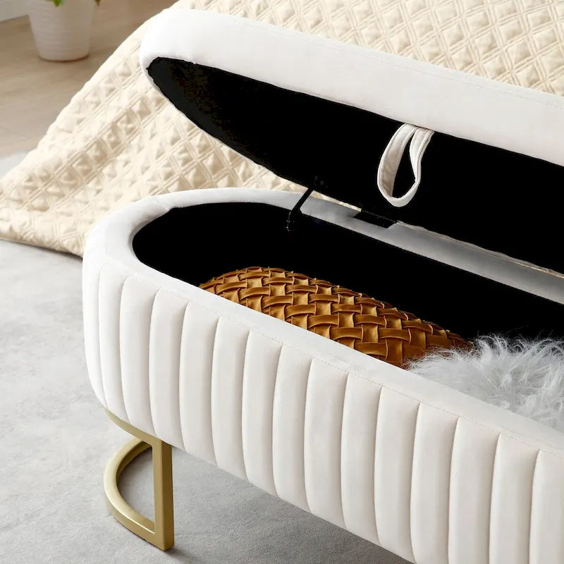 Storage Bench Bedroom Bench, Velvet Oval Upholstered End of Bed Bench with Golden Metal Legs,50  Storage Ottoman Bench