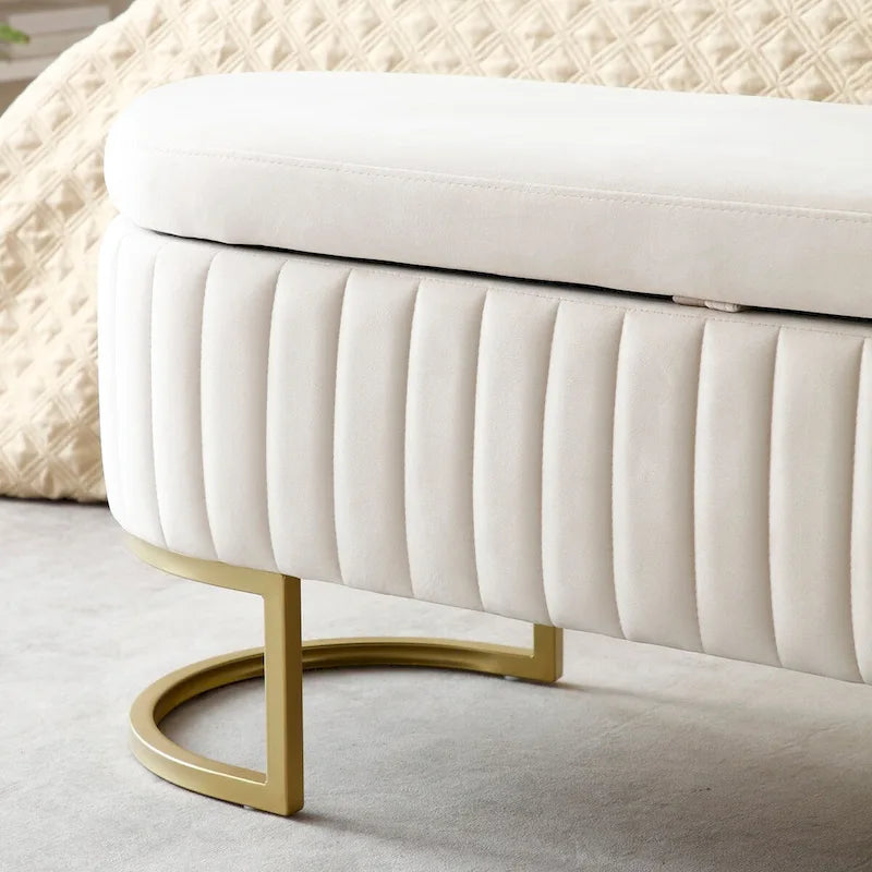 Storage Bench Bedroom Bench, Velvet Oval Upholstered End of Bed Bench with Golden Metal Legs,50  Storage Ottoman Bench