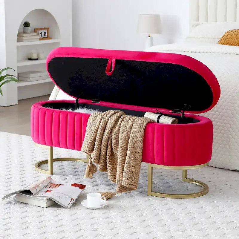 Storage Bench Bedroom Bench, Velvet Oval Upholstered End of Bed Bench with Golden Metal Legs,50  Storage Ottoman Bench
