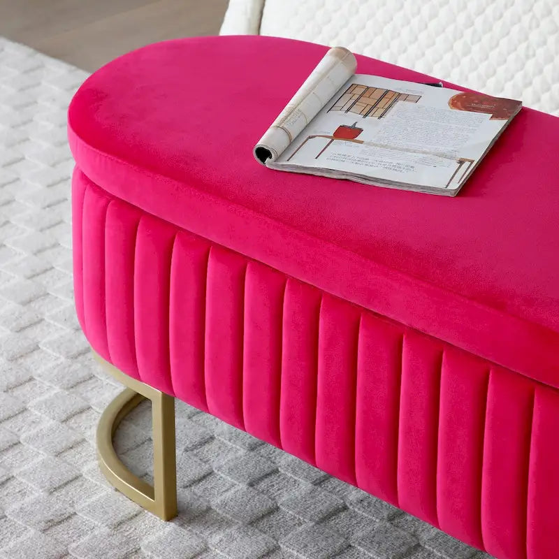 Storage Bench Bedroom Bench, Velvet Oval Upholstered End of Bed Bench with Golden Metal Legs,50  Storage Ottoman Bench