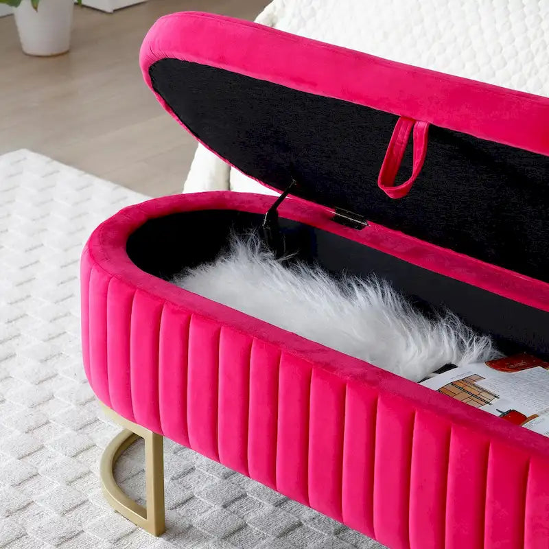 Storage Bench Bedroom Bench, Velvet Oval Upholstered End of Bed Bench with Golden Metal Legs,50  Storage Ottoman Bench