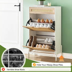 Natural Rattan 2 Flip Door with 1 Drawer Shoe Rack Storage Cabinet