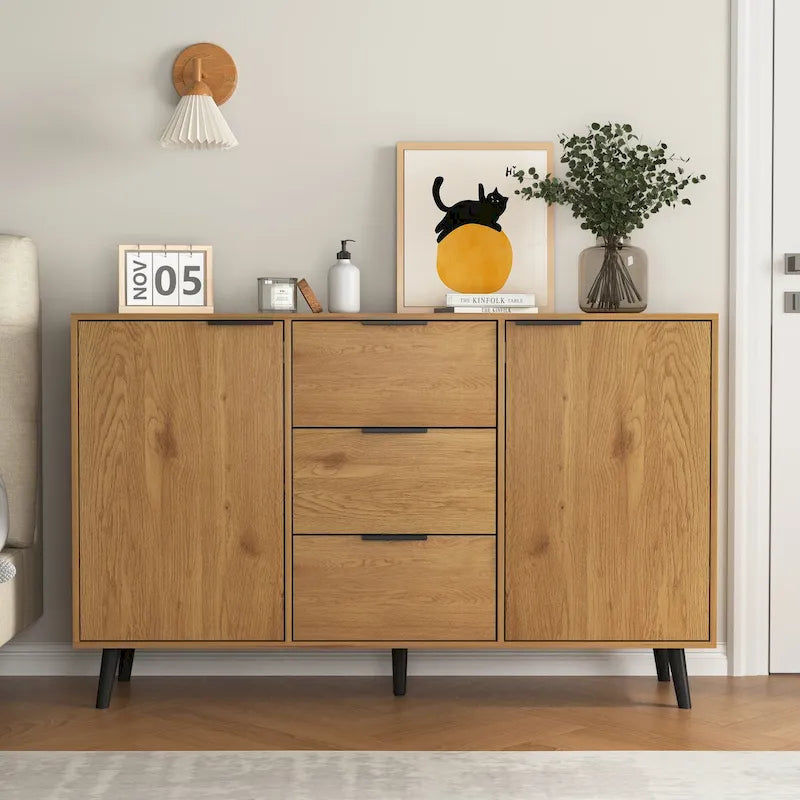 Sideboard Buffet Cabinet with Storage, Wood Coffee Bar Cabinet, 47.2  Kitchen Cabinet with 3 Drawers & 2 Doors